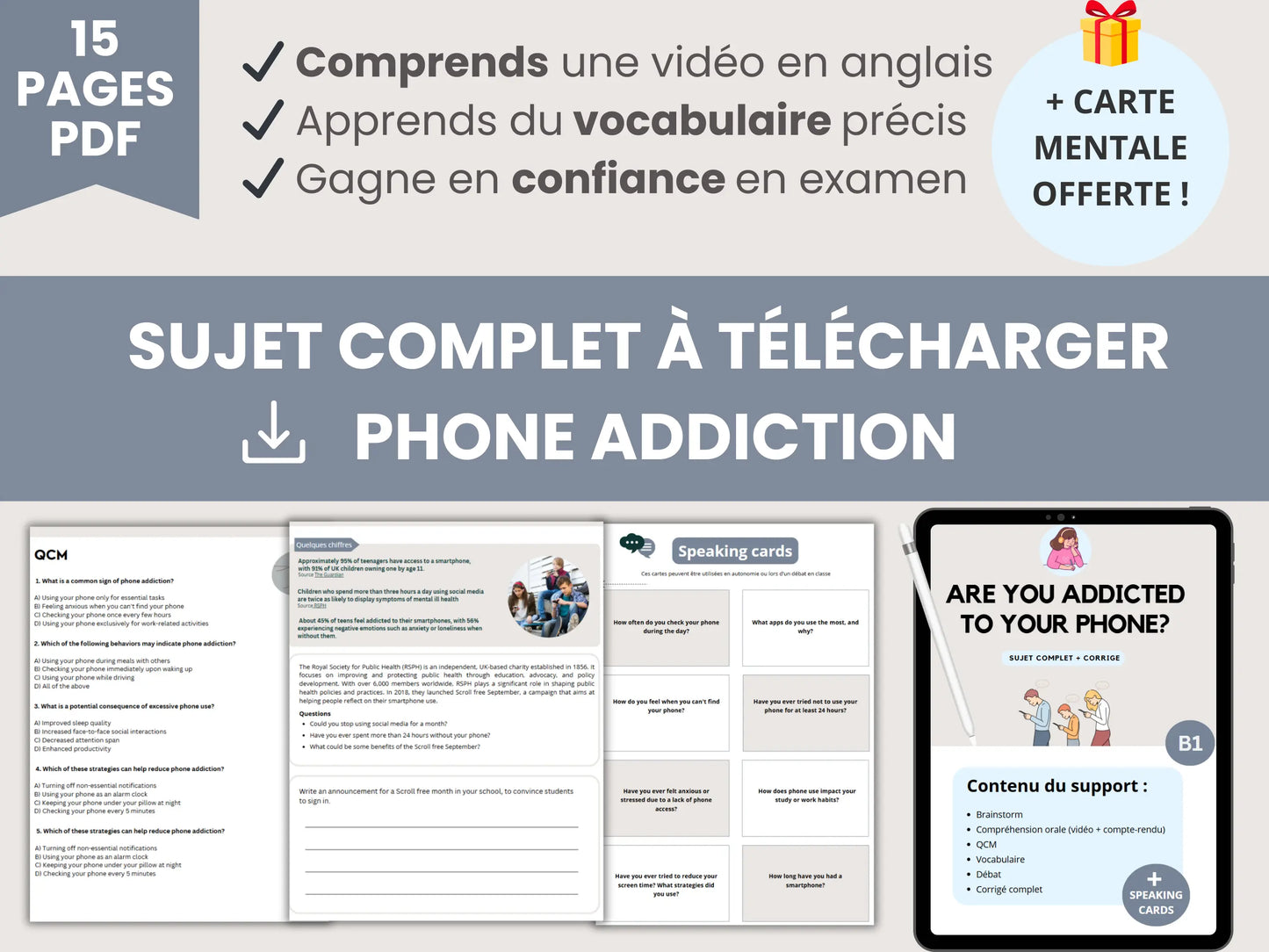 Sujet anglais complet corrigé - Are you addicted to your phone? (niveau B1) + bonus offert CO Anglais